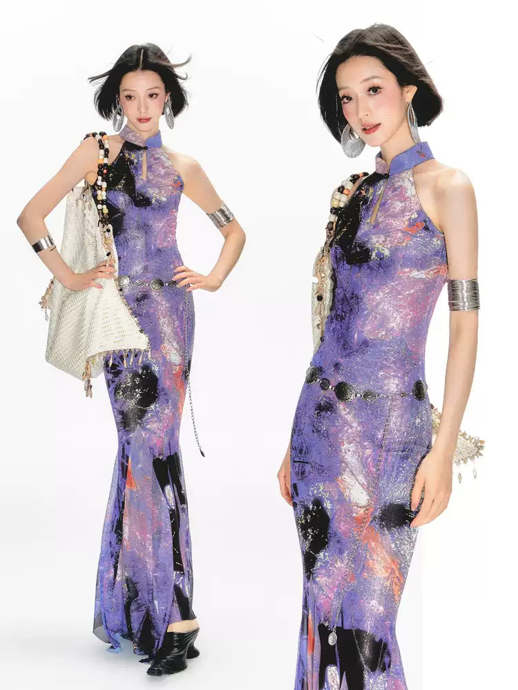 Purple Printed Halter Neck Cheongsam Dress