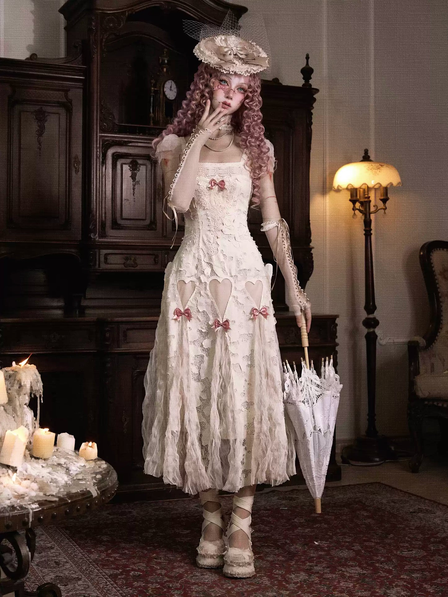 Pure Cotton Love Bow Hollow Lace Suspender Dress