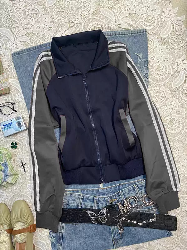 contrasting color splicing baseball jacket