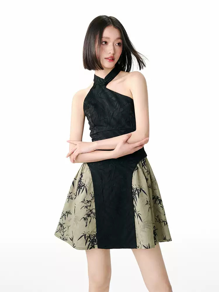 New Chinese Style Bamboo Leaf Cheongsam Dress