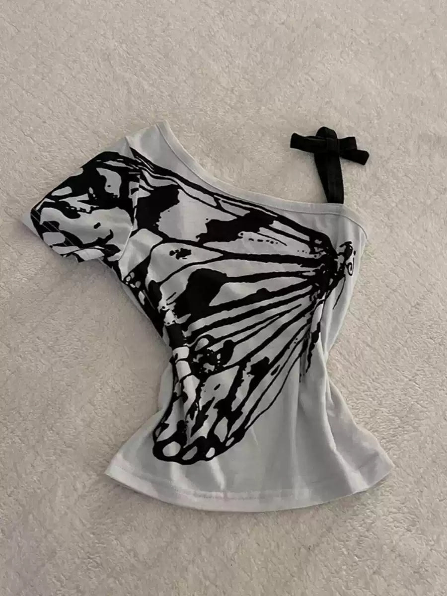 retro butterfly print one-shoulder top