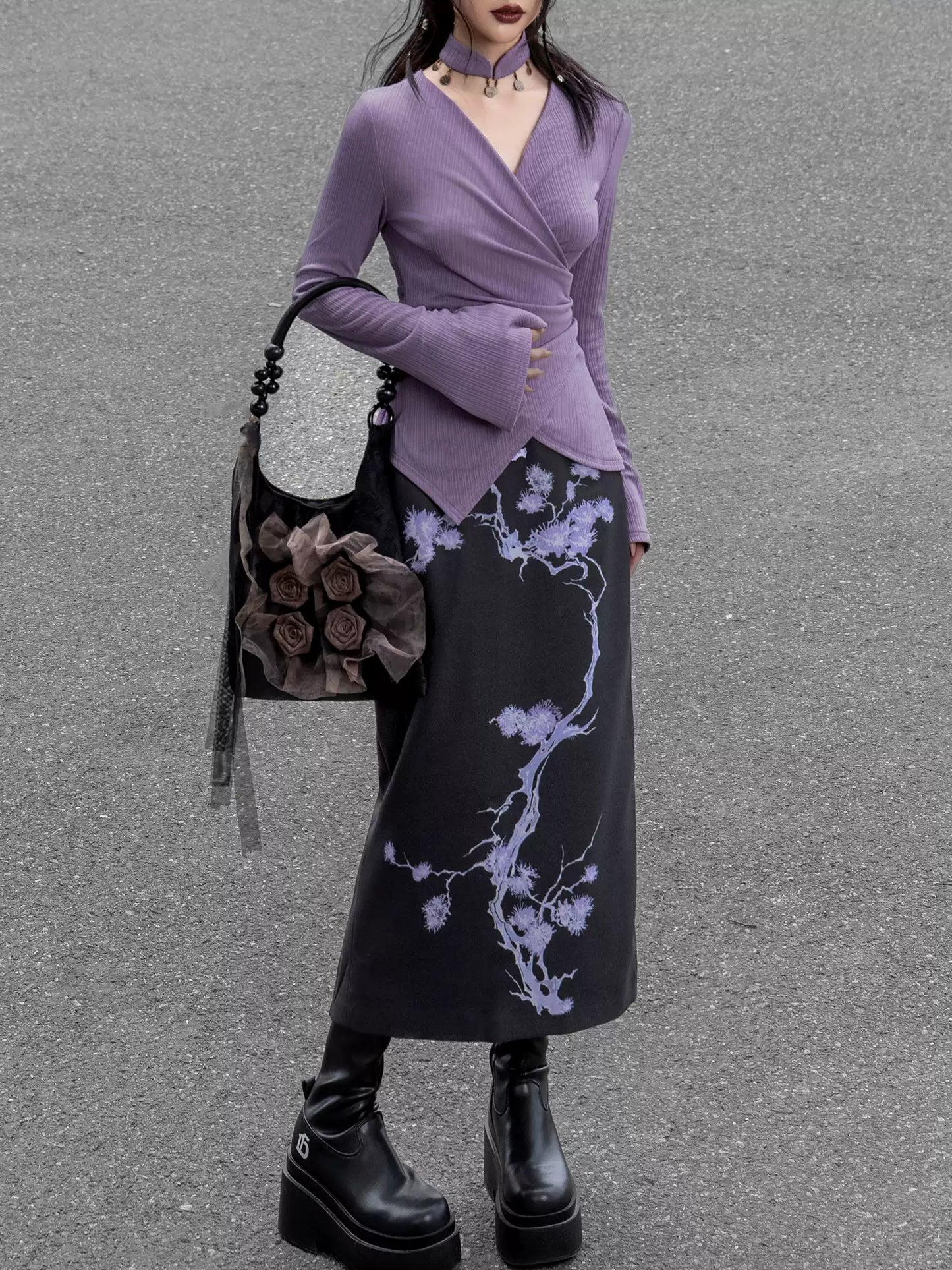Purple Wrap Knitted Long-sleeved Top