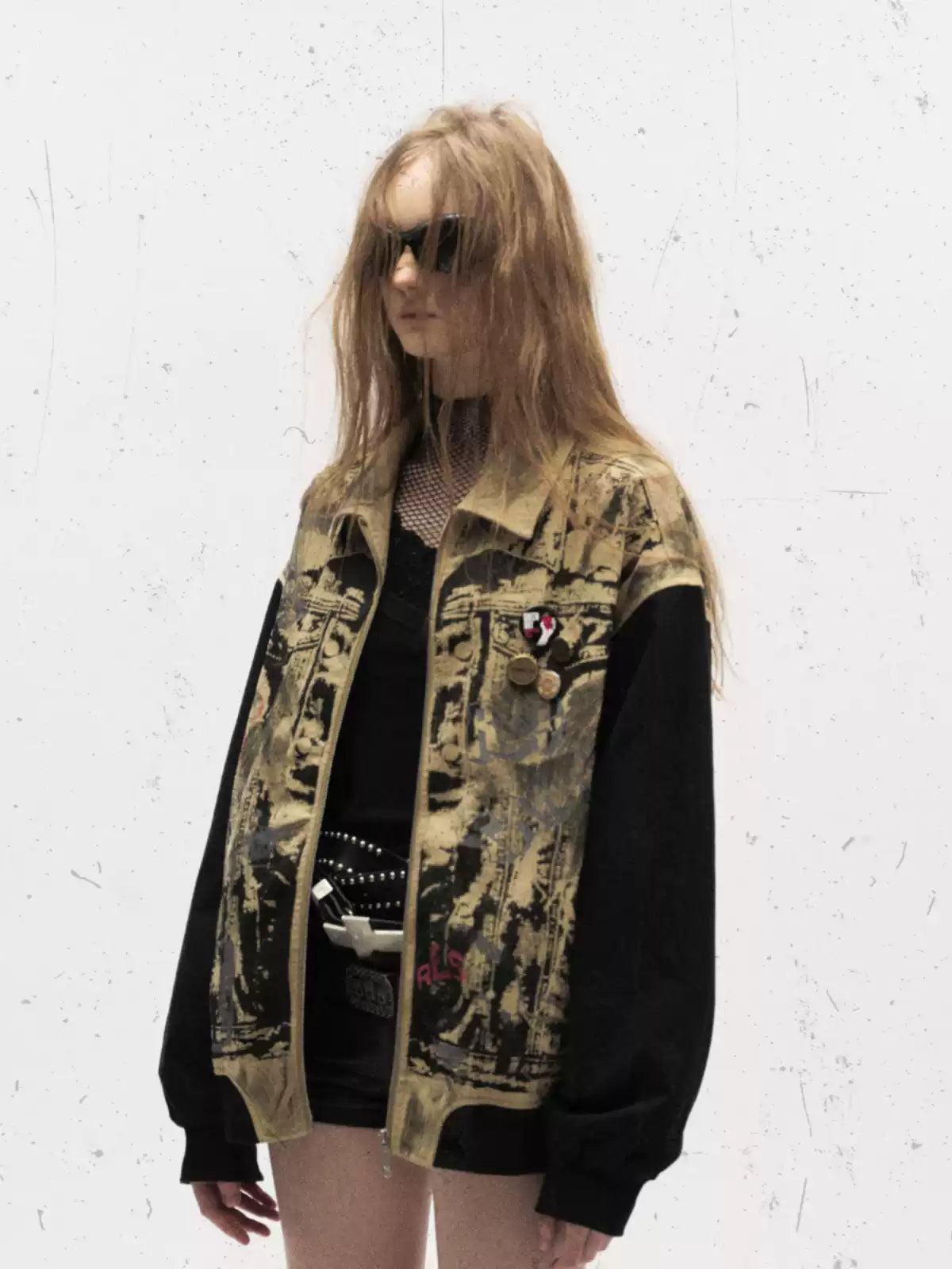 American retro distressed worn graffiti splicing jacket