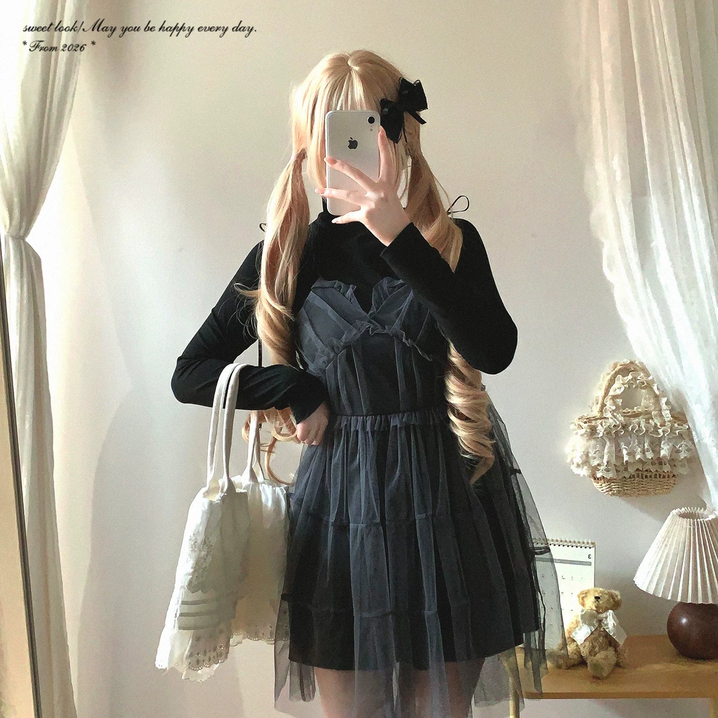 Japanese-Style Design, Lightweight Mesh Panelled Dress with Ribbon Tie Sweet “Pure” Camisole