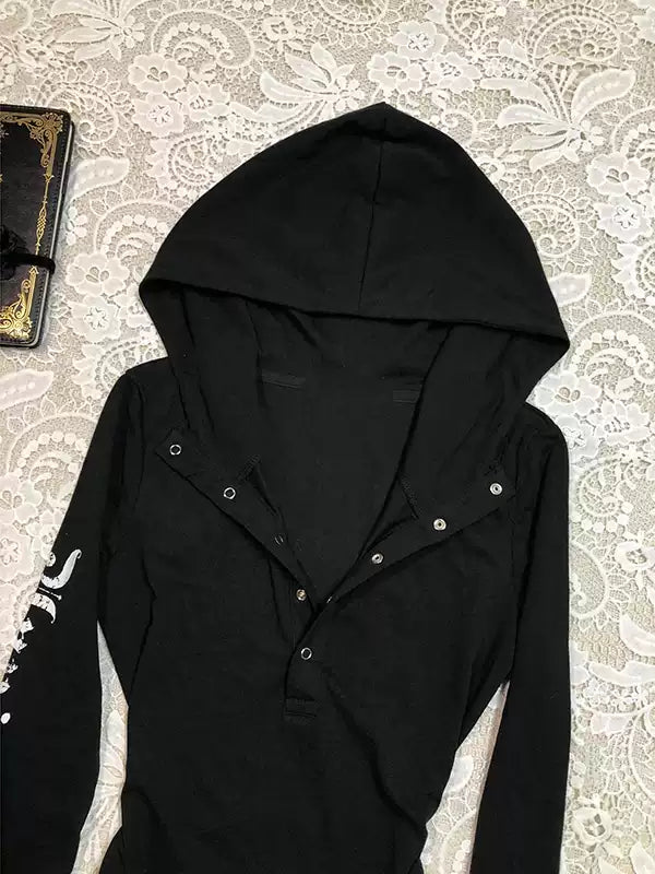 Black letter hooded sweatshirt jacket