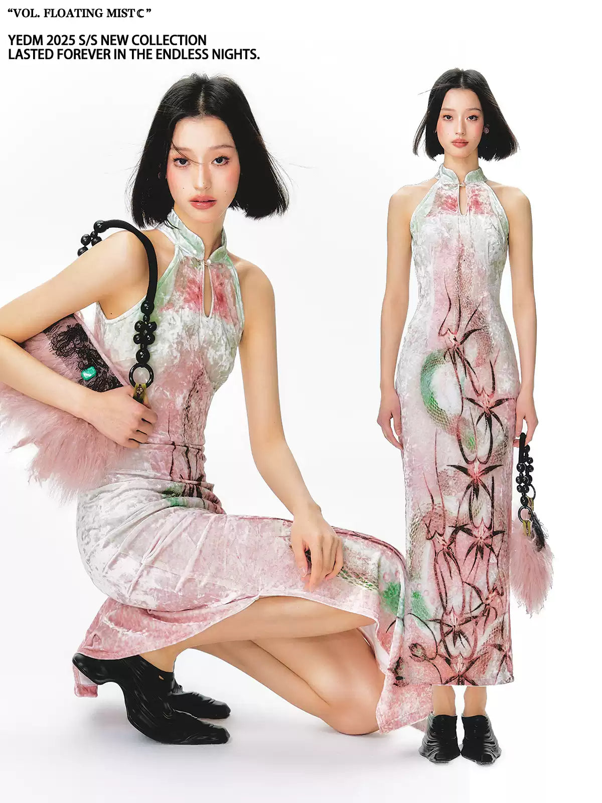 Velvet Long Cheongsam Printed Dress