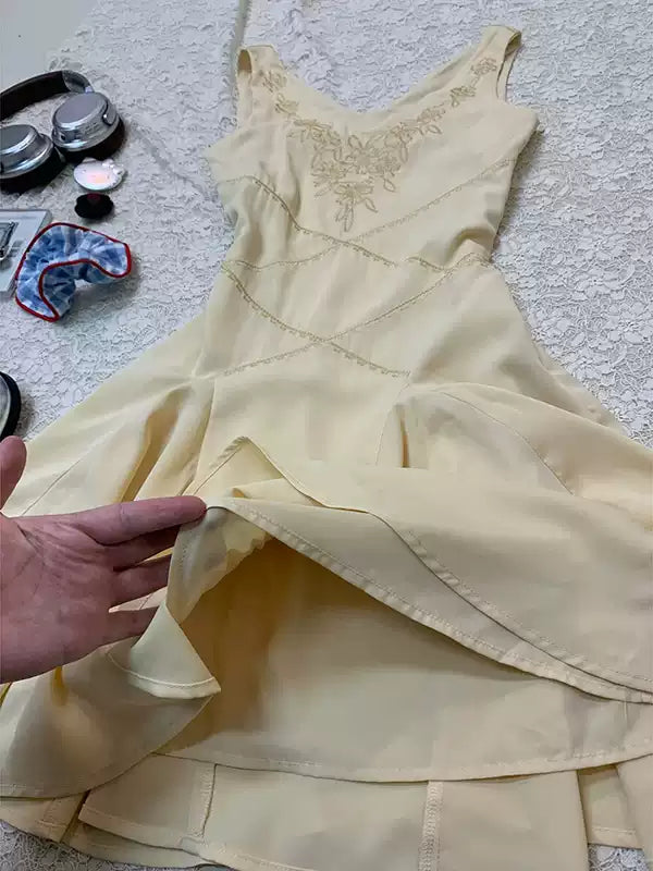 Yellow embroidered V-neck vest dress