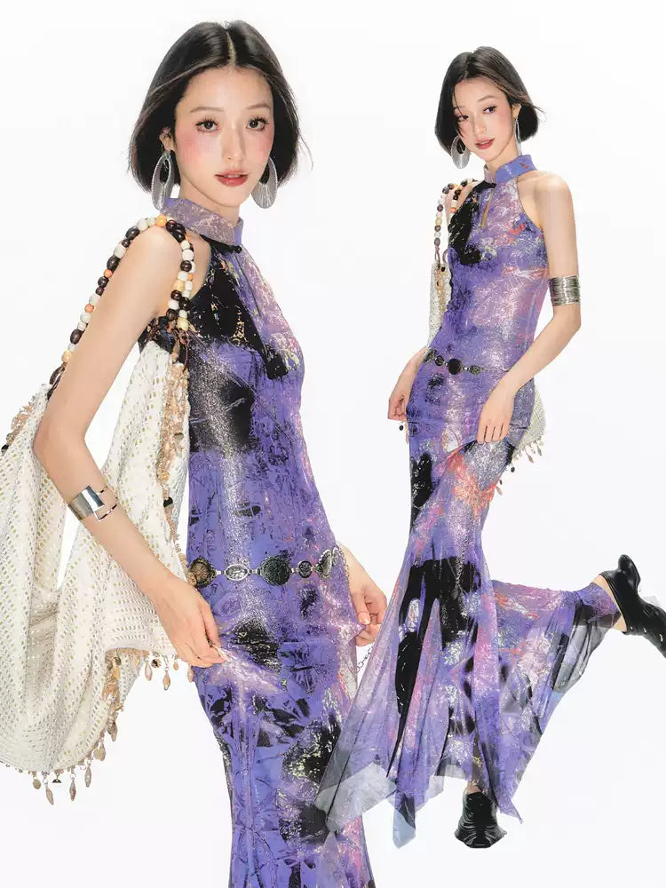 Purple Printed Halter Neck Cheongsam Dress