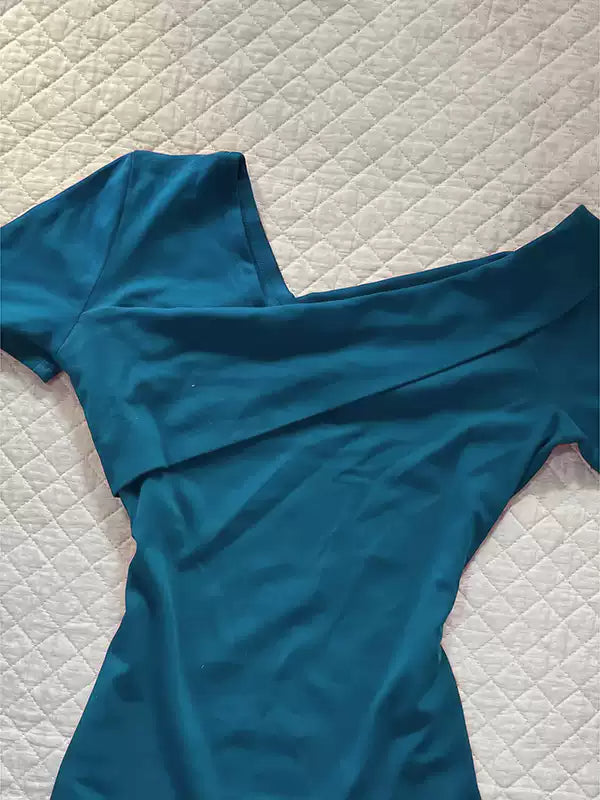 Retro blue irregular v-neck T-shirt