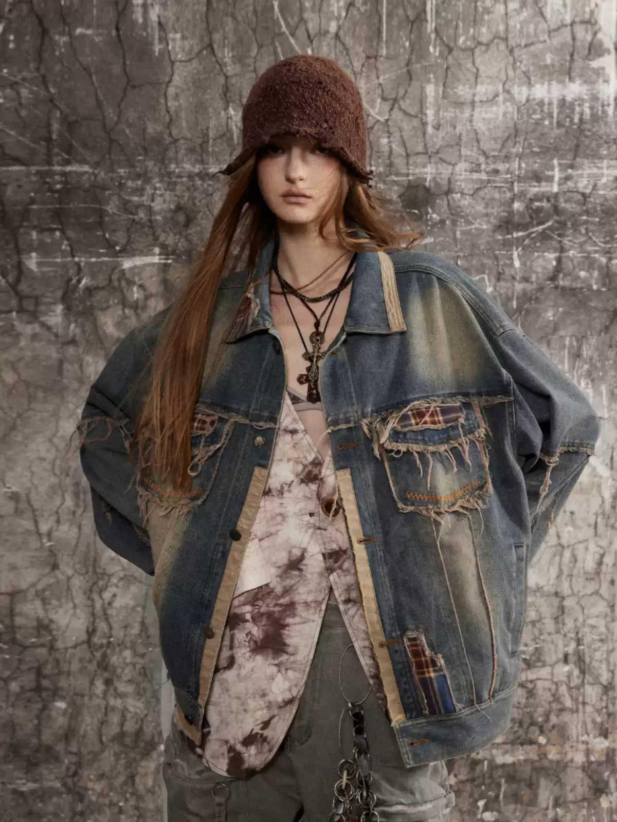 American high street distressed raw edge silhouette denim jacket