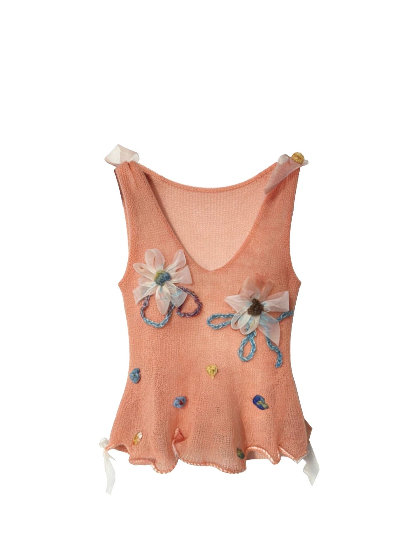 Hand-Sewn Flower Top, Georgette Hem Flowy Silhouette, Adjustable Straps, Chic & Unique Knit Camisole for Women