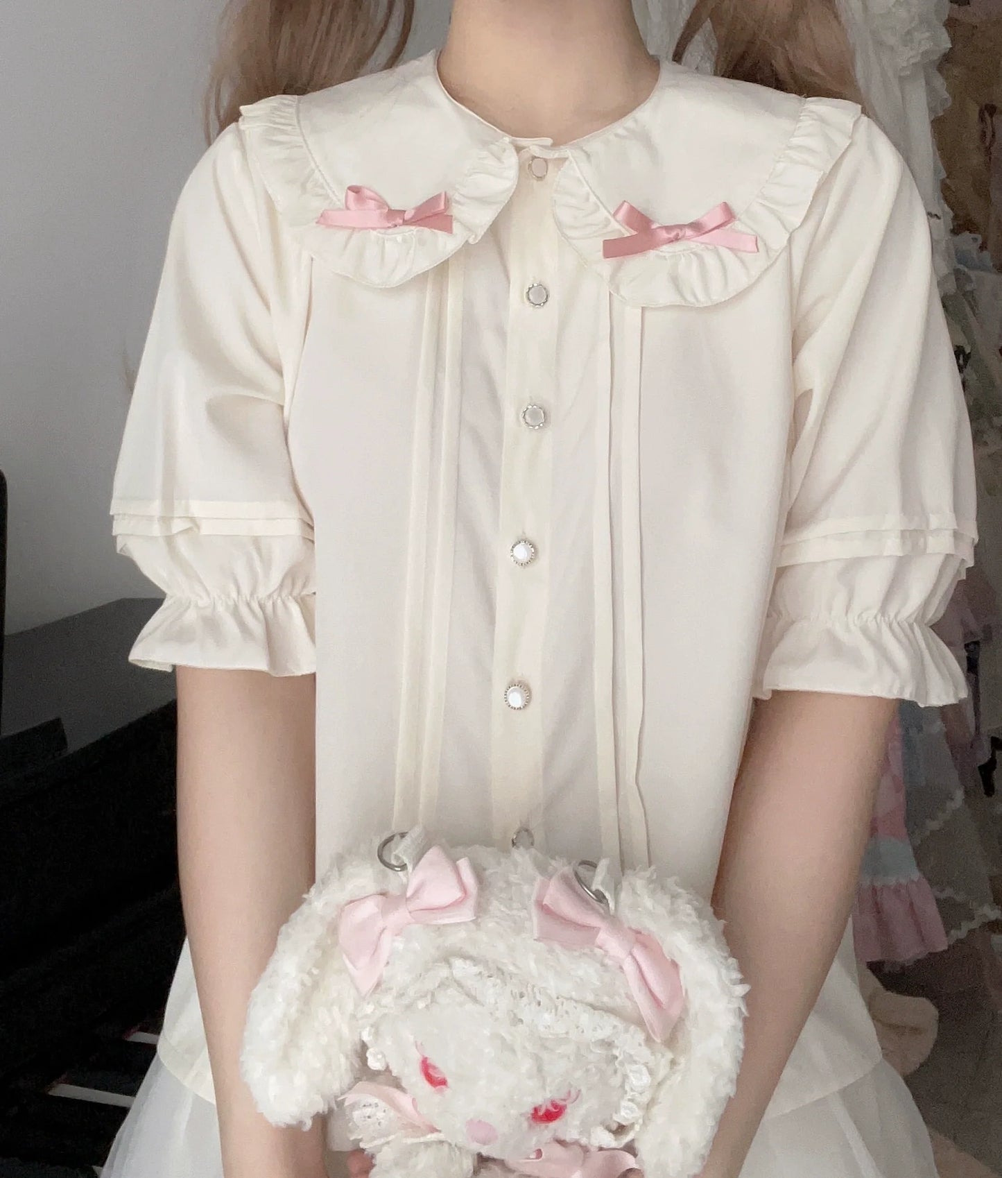 Sweet Lolita JSK with Detachable Apron Chiffon apricot shirt with pink bow Only