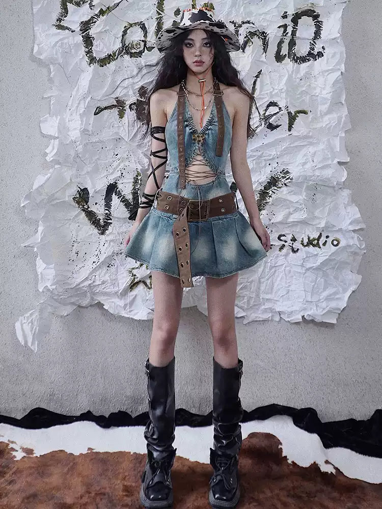 Hollow Straps Denim Style Short Dress