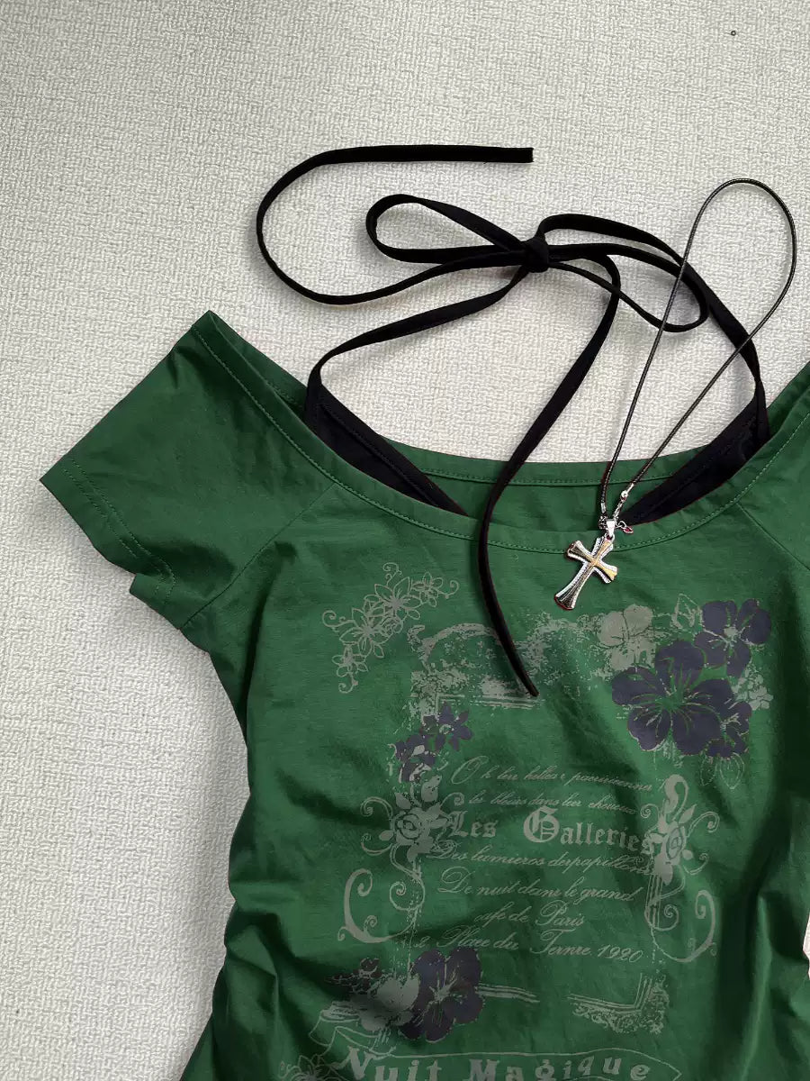 Green spliced fake two-piece T-shirt