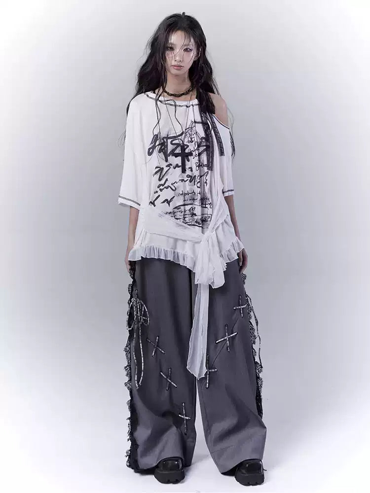 hollow lace stitching suit pants