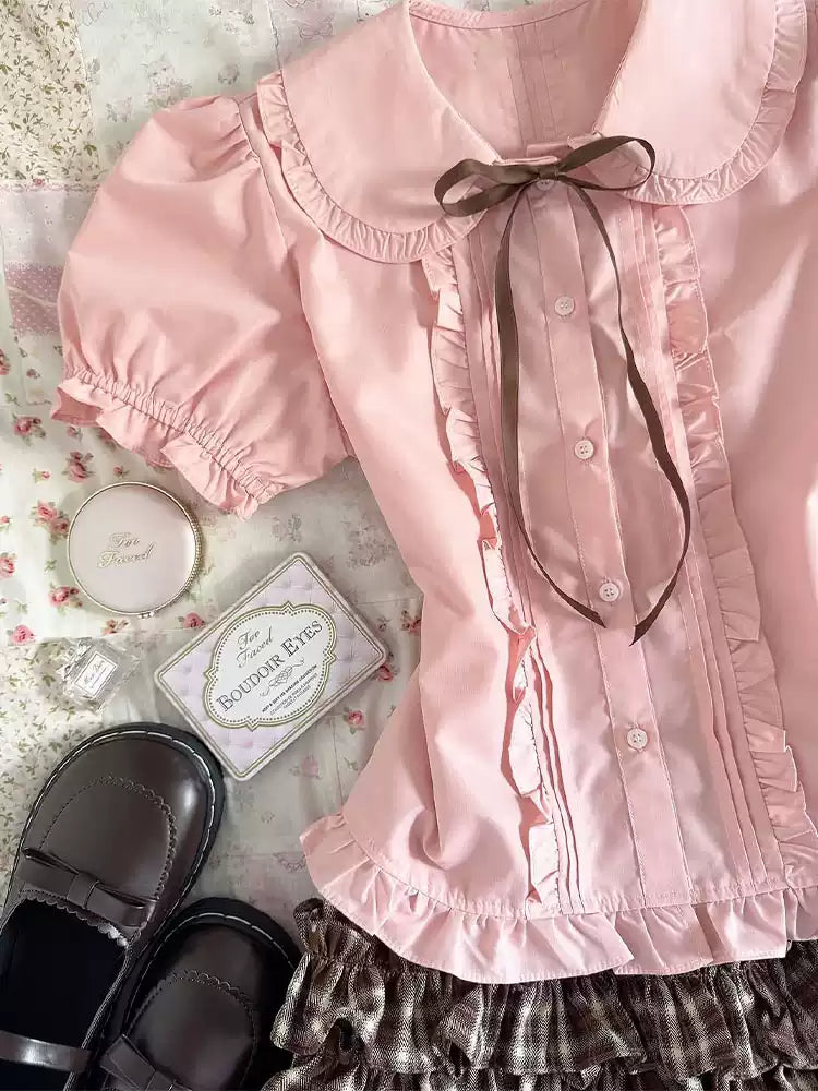 Retro Korean pink doll collar short-sleeved shirt
