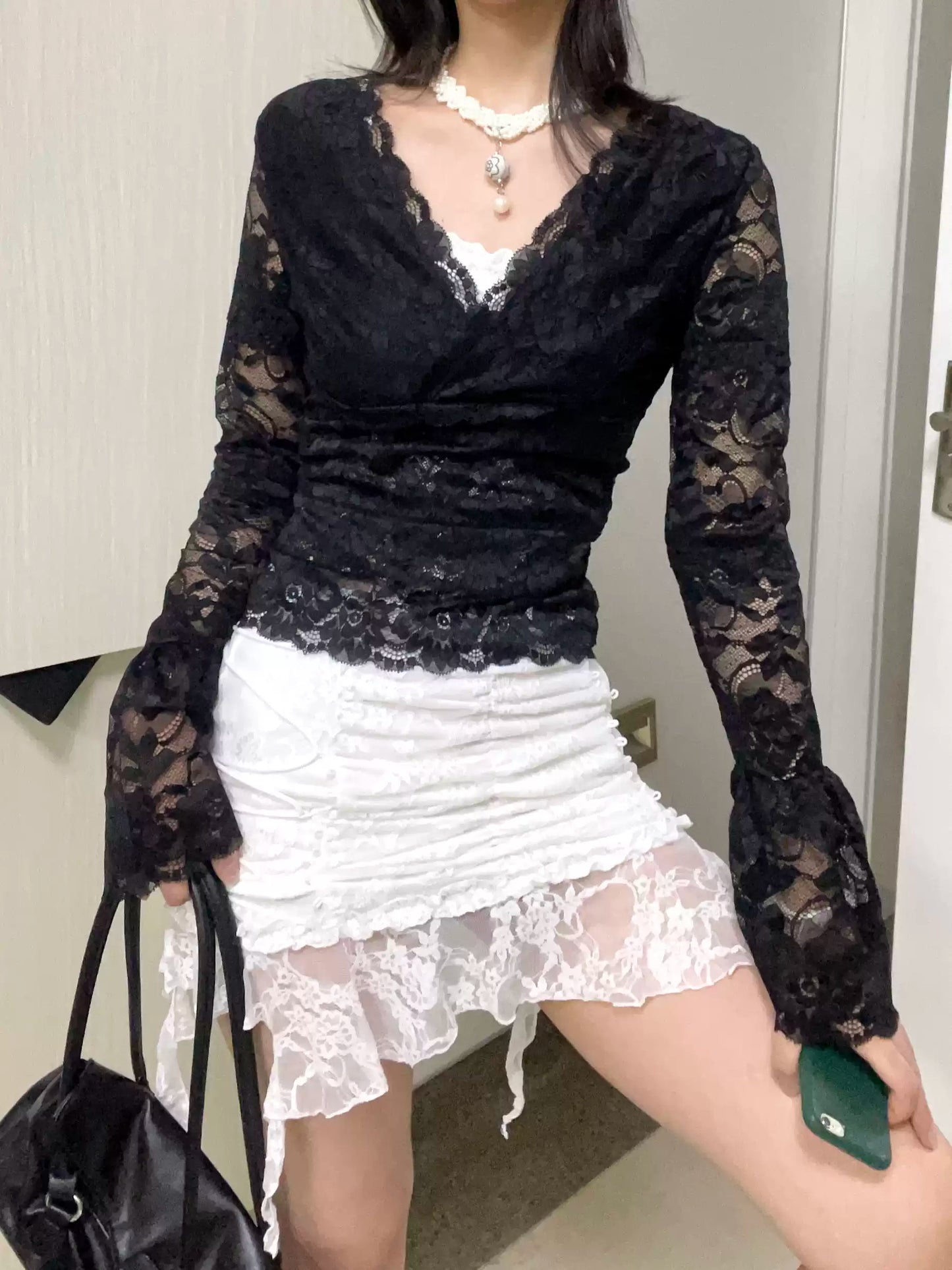 goth starry style lace long-sleeved top