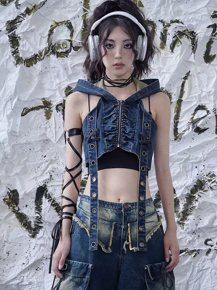 wasteland denim hooded punk rock vest