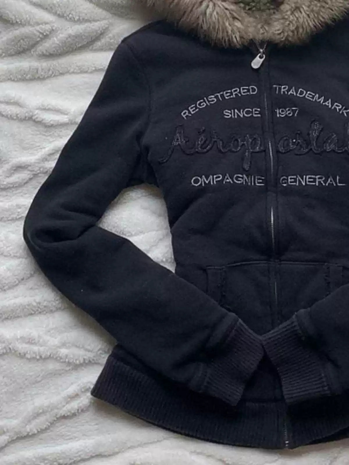 Black velvet hooded letter sweatshirt jacket