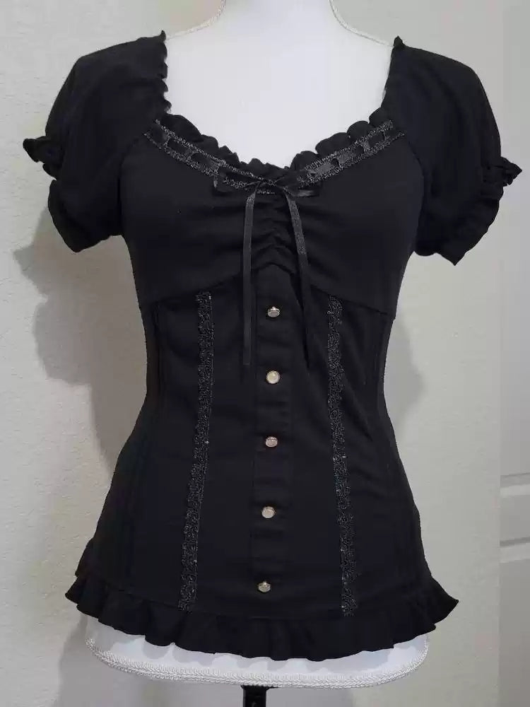 Black lace puff sleeve T-shirt