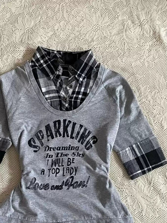 Gray plaid fake two-piece T-shirt