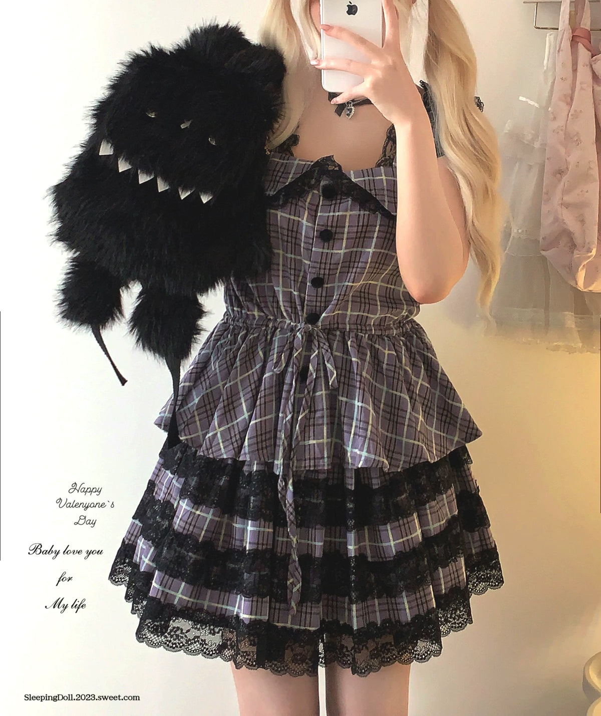 Sleepingdoll Handcrafted* Shadow Little Rabbit Plaid Dark Goth Lolita Lace Camisole Skirt Set