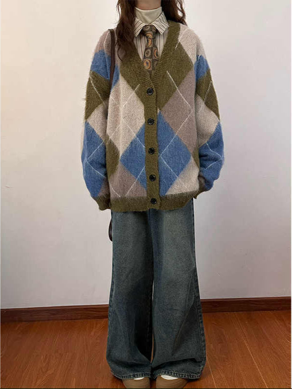Preppy Retro Rhombus Knitted Cardigan