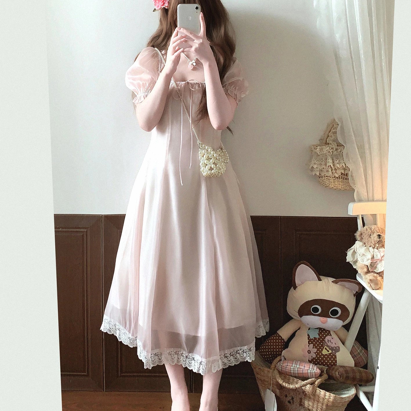 Last-Stock dod* Lace-Trim Satin-Gloss Lace-Up Square-Neck Puff-Sleeve Chiffon Dress