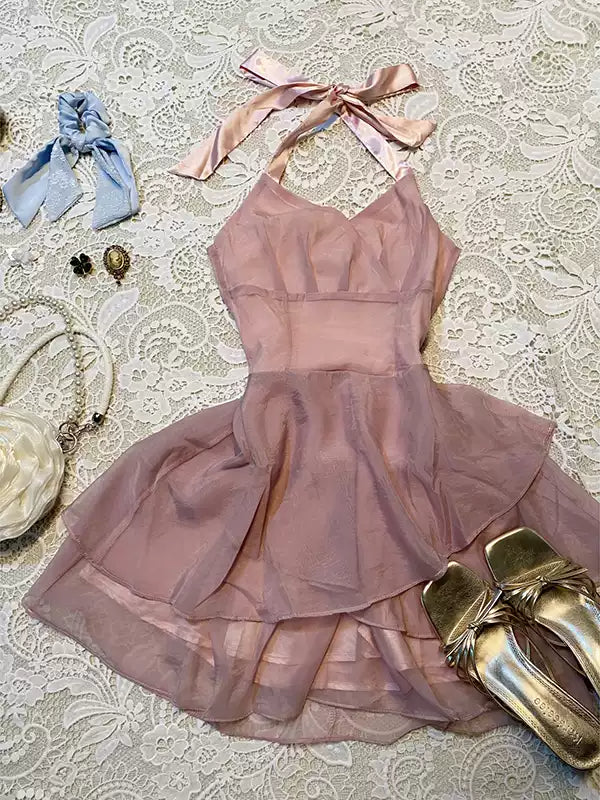 Fairy Pink Sleeveless Halter Dress