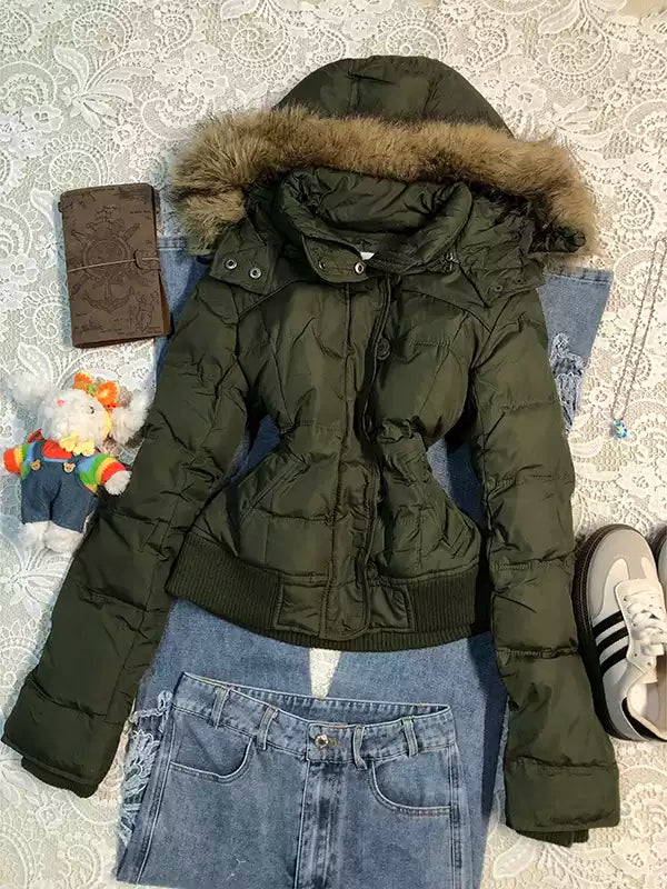 green fur collar hooded cotton jacket