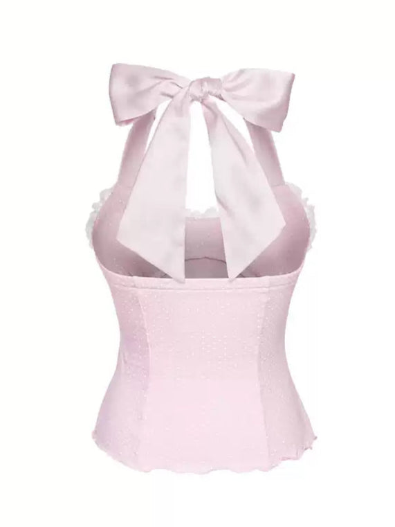 Lace-up Polka-dot Bow Halter Top