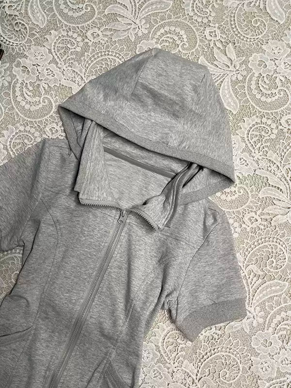 gray short-sleeved hoodie sweatshirt jacket