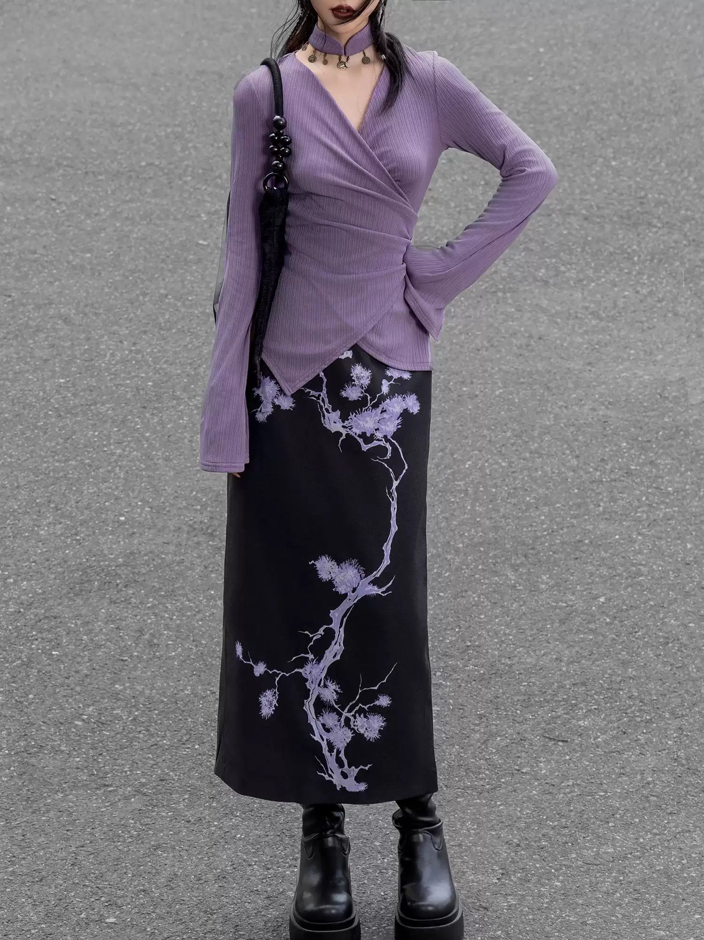 Purple Wrap Knitted Long-sleeved Top
