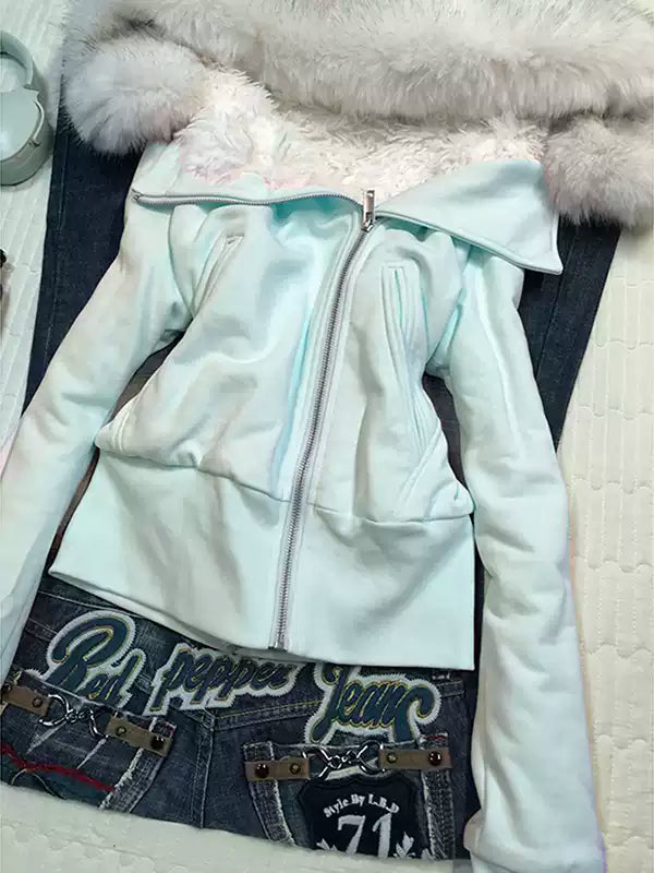 Pink hooded fur collar sweatshirt jacket