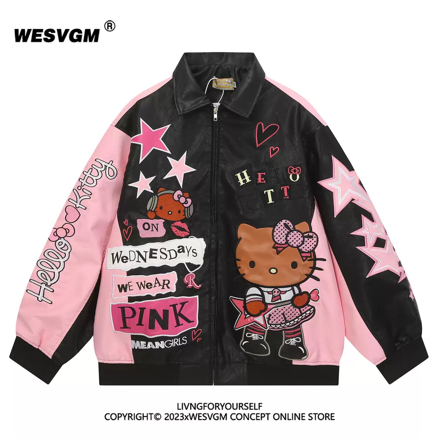 retro KT cat embroidered color-blocked leather jacket