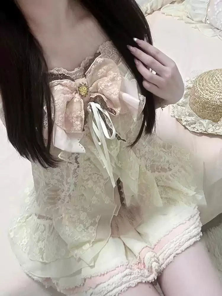 Retro Bow Lace Hollow Coord
