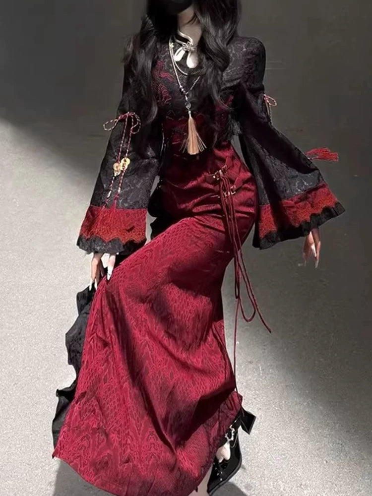 Dark Serpent Element New Chinese Style Adapted Cheongsam Lolita Snake Spirit Girl Cloak Set Mermaid Dress