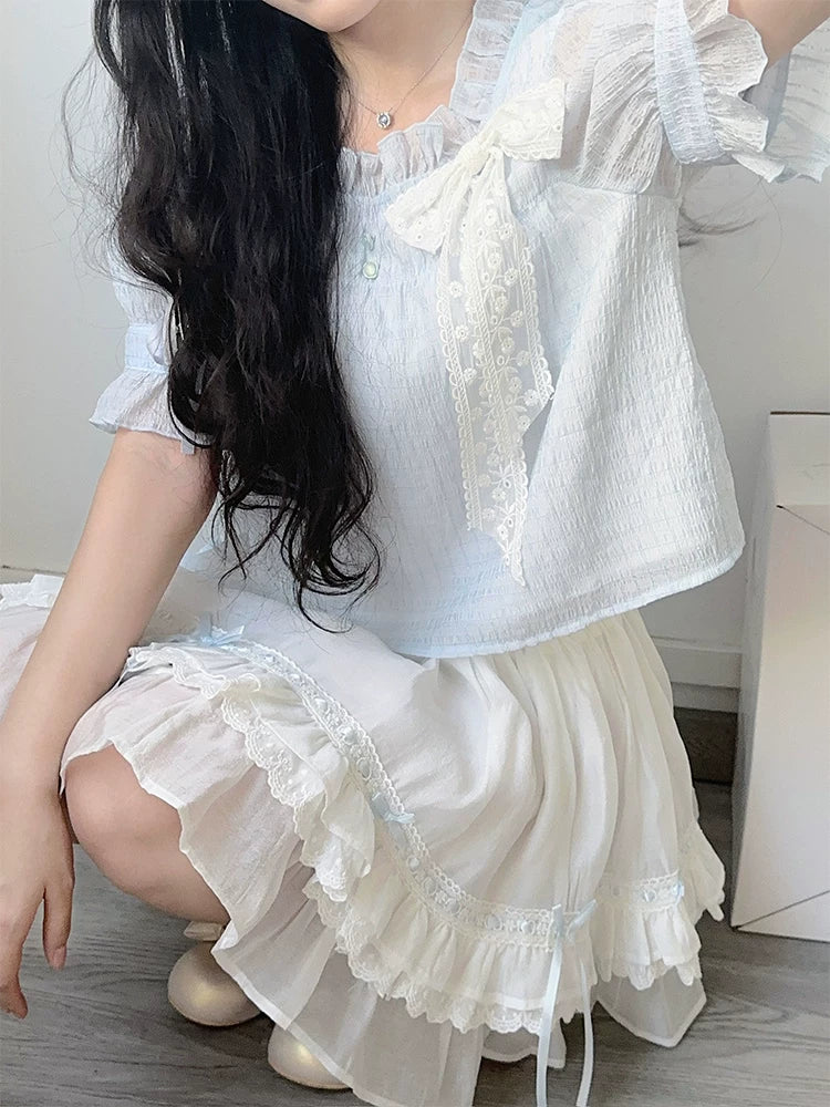 Lala Sauce Milk Flavor Original Design Blue Lightweight Chiffon Overlay Top & White “Cake Skirt” Dress Set