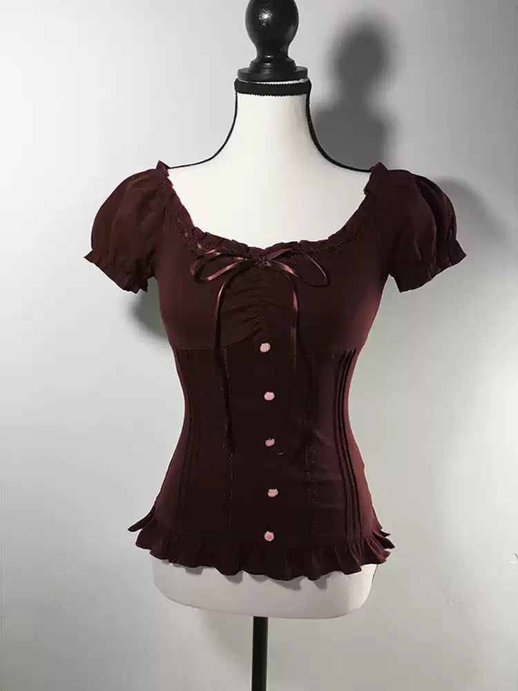 Black lace puff sleeve T-shirt