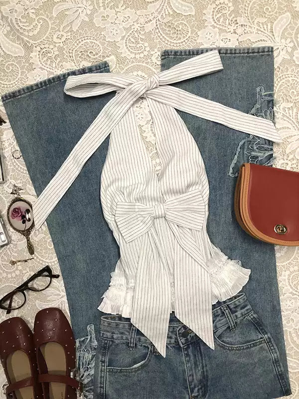 White Striped Bow Halter Top