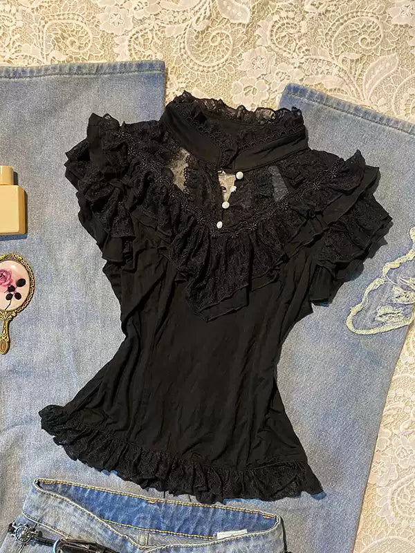 Black lace stand-up collar short-sleeved shirt