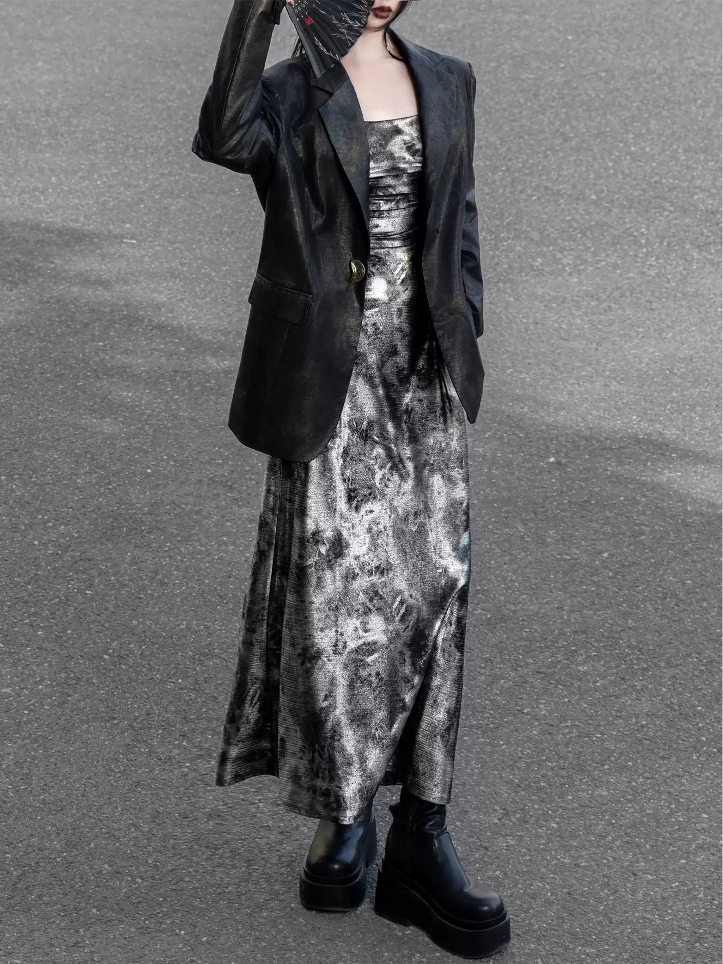 Chinese Style Shiny Silver Suspender Dress