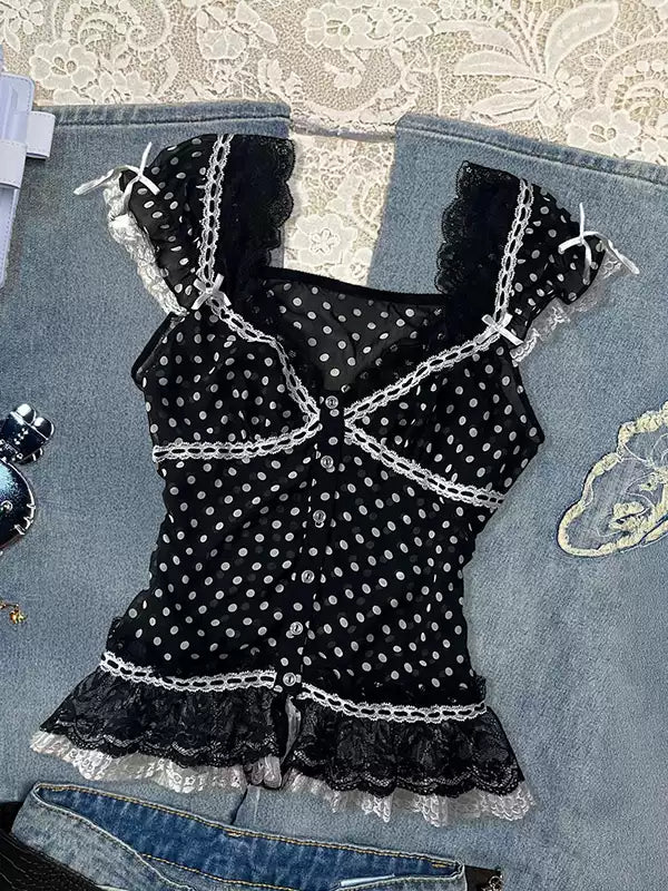 Dark Coquette Lace Polka Dot Chiffon Shirt