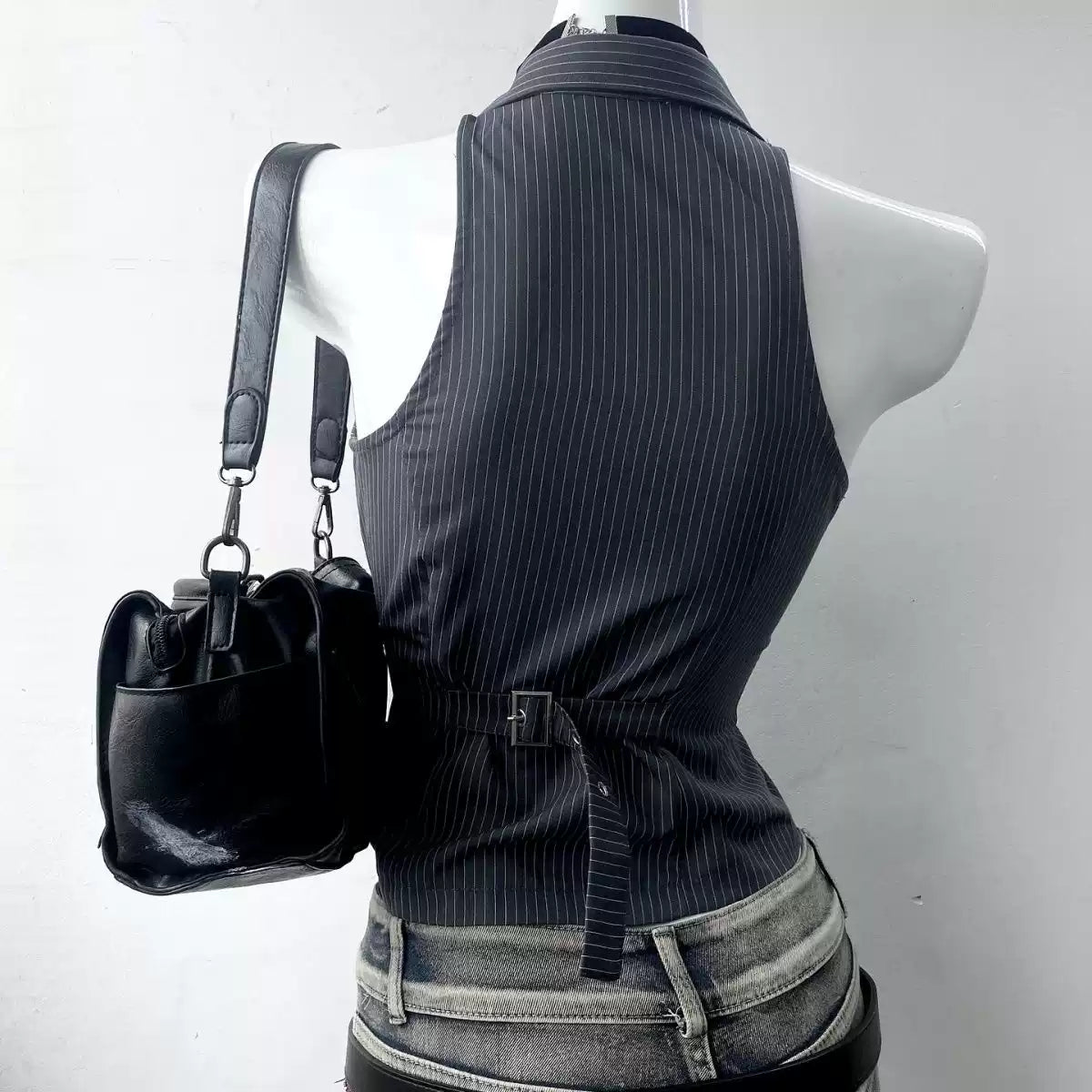 retro style striped stand collar sleeveless shirt