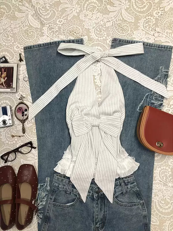 White Striped Bow Halter Top