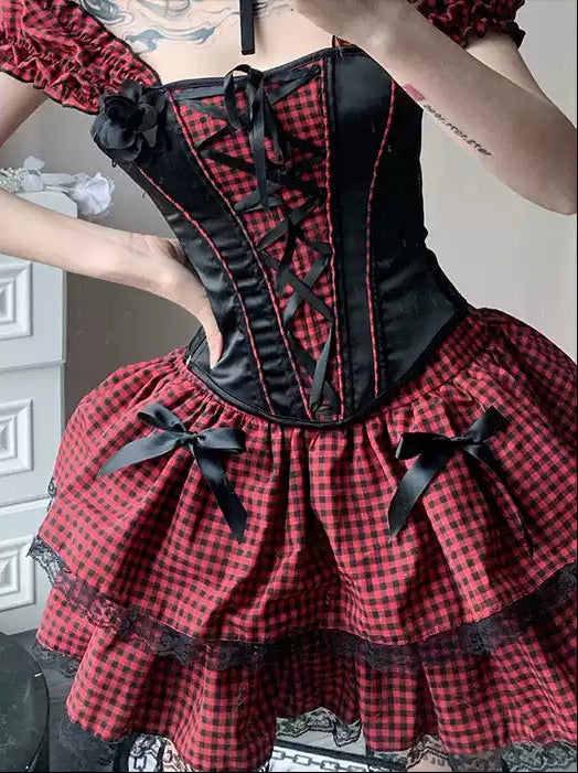 Plaid corset straps slimming dress