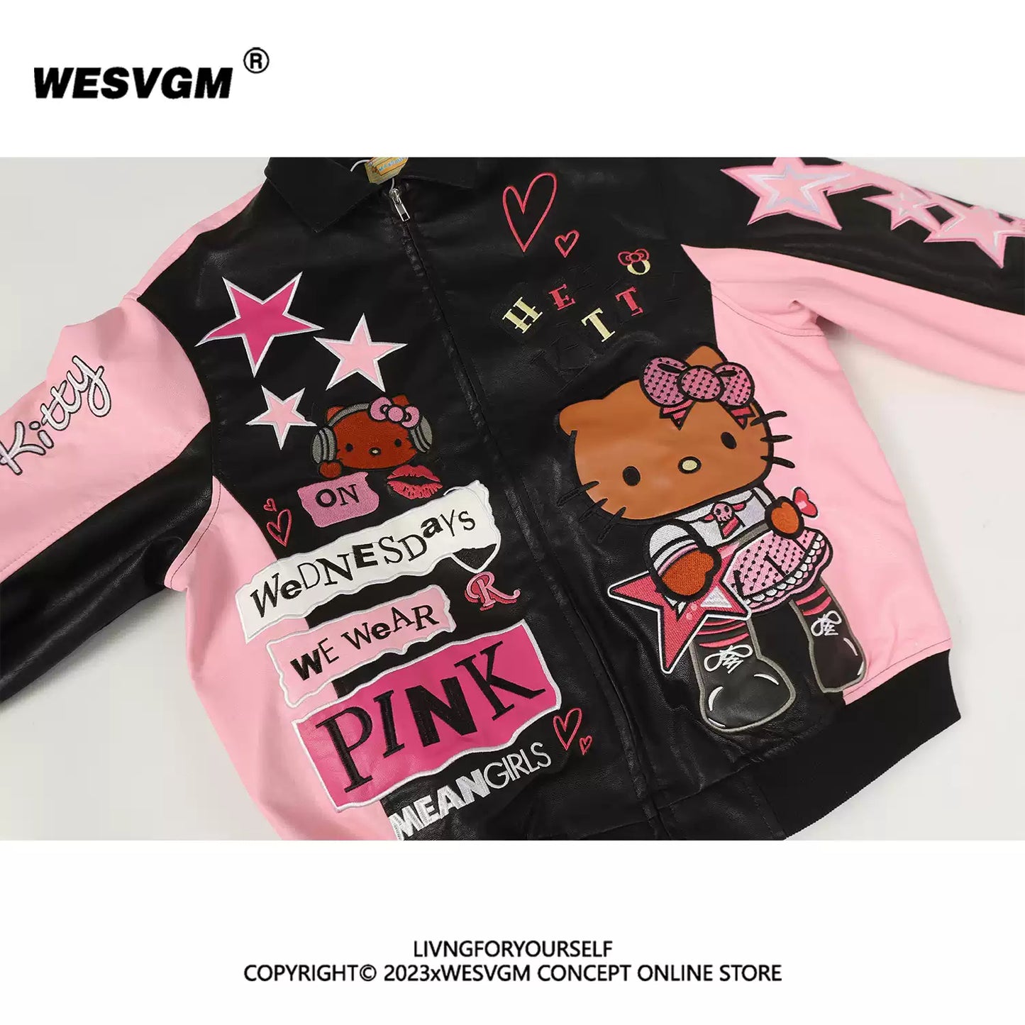 retro KT cat embroidered color-blocked leather jacket