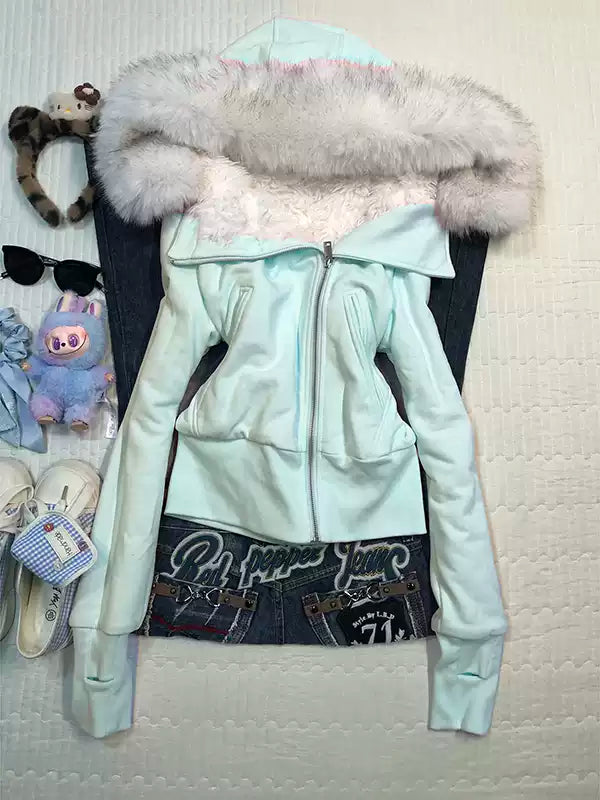 Pink hooded fur collar sweatshirt jacket