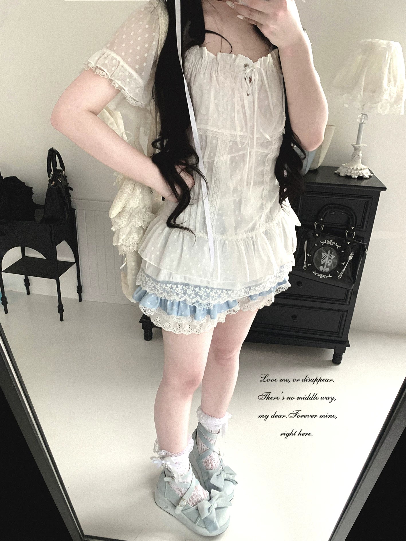 KittyBxllet Original “Misa Saisei” Vintage Nainain Loose-Fit Lace Polka Dot Top with Tie Detail