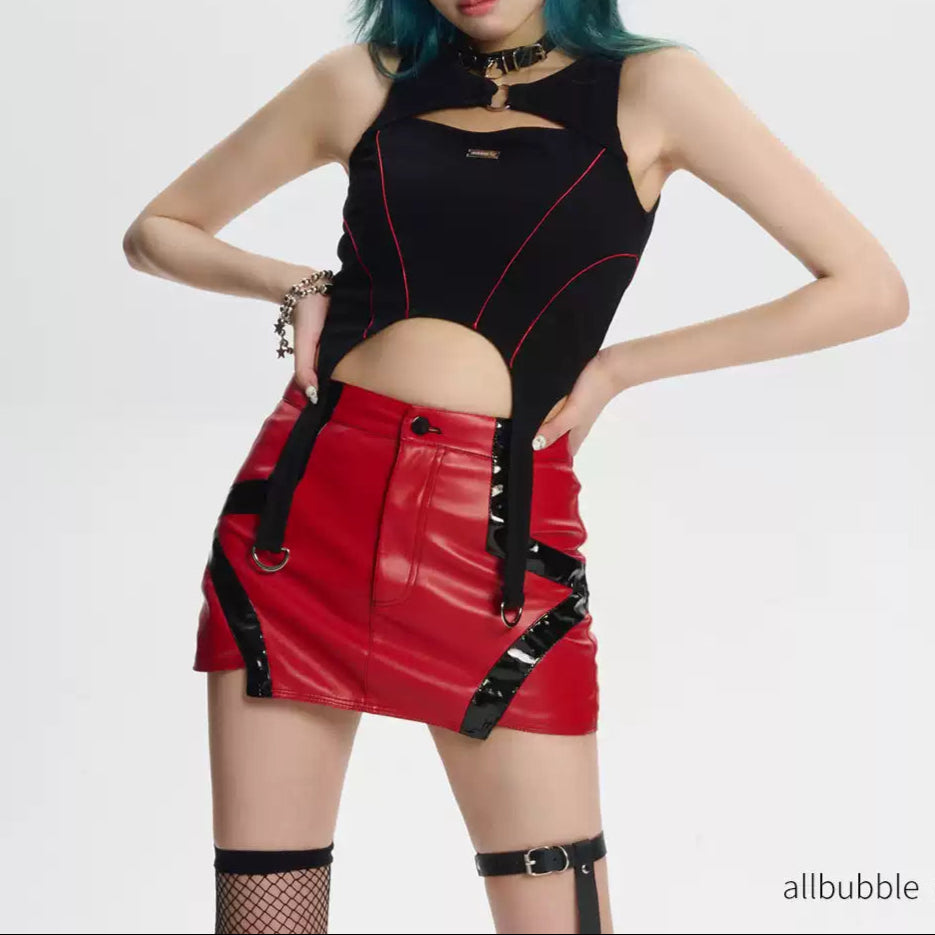 Functional style red and black hot girl leather skirt